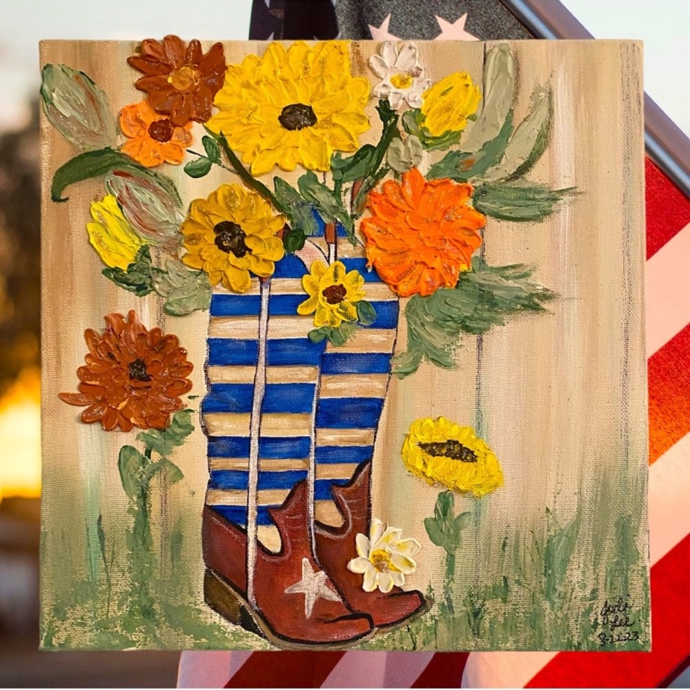 Floral Cowboy Boots Original Canvas Art